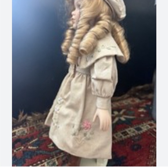 Vintage Style Porcelain Doll with Embroidered Dress- standing board attached
